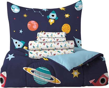 Dream Factory Kids 7-Piece Complete Bed Set Easy-Wash Super Soft Microfiber Comforter Bedding, Full, Blue Space Galaxy