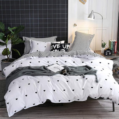 Omelas Kids Heart Love Queen Duvet Cover Set Black and White Teens Girls Lovely Heart-Shaped Pattern Striped Reversible Full/Queen Bedding Soft Breathable Quality Brushed Microfiber (3 Pcs,XD,Q)