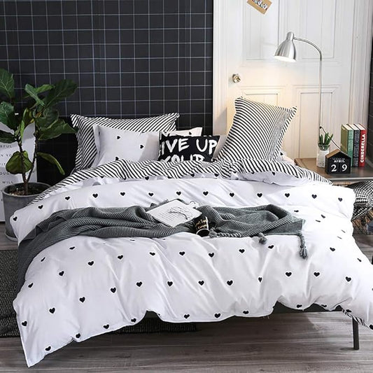 Omelas Kids Heart Love Queen Duvet Cover Set Black and White Teens Girls Lovely Heart-Shaped Pattern Striped Reversible Full/Queen Bedding Soft Breathable Quality Brushed Microfiber (3 Pcs,XD,Q)