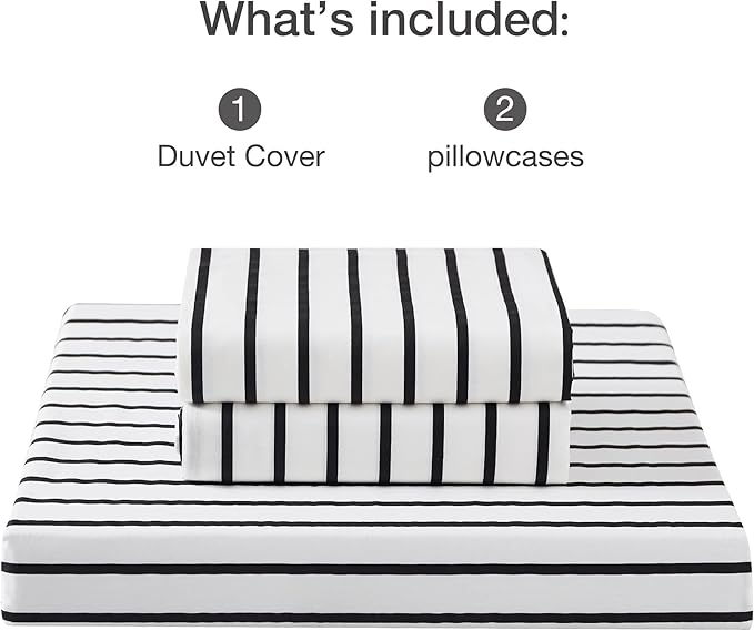 JELLYMONI 100% Natural Cotton 3pcs Striped Duvet Cover Sets, White Duvet Cover with Thick Black Stripes Pattern Printed Comforter Cover, with Zipper Closure & Corner Ties(King Size)