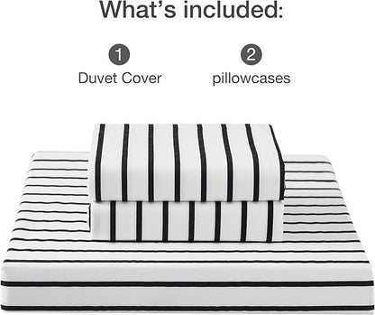 JELLYMONI 100% Natural Cotton 3pcs Striped Duvet Cover Sets, White Duvet Cover with Thick Black Stripes Pattern Printed Comforter Cover, with Zipper Closure & Corner Ties(Full Size)
