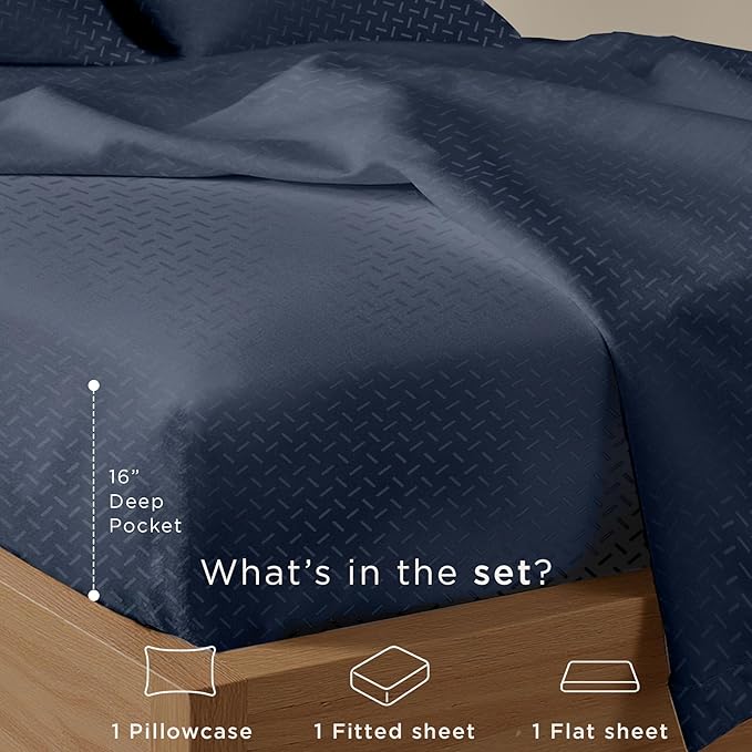 Threadmill Cotton Twin XL Sheet Set | 100% Cotton Sheets for Twin XL Size Bed | Damask Jacquard Sateen Twin XL Bed Sheets Set | 16” Deep Pocket | Soft Breathable 3pc Cooling Sheet Set | Folkstone Blue