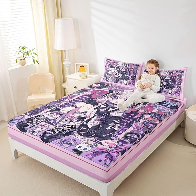 Erosebridal Japanese Uniform Girl Sheets for Boys Girls Anime Gift Fitted Sheet,Kawaii Coquette Kids Bedding Sets Princess Fairytale Bed Sets Full 3 Piece