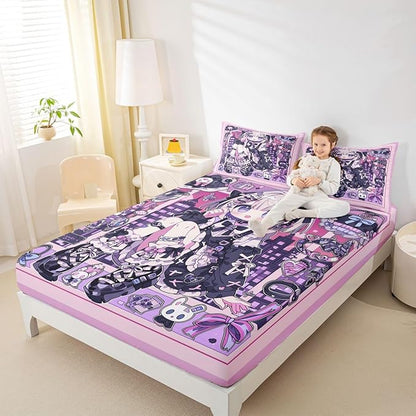 Erosebridal Japanese Uniform Girl Sheets for Boys Girls Anime Gift Fitted Sheet,Kawaii Coquette Kids Bedding Sets Princess Fairytale Bed Sets Queen 3 Piece