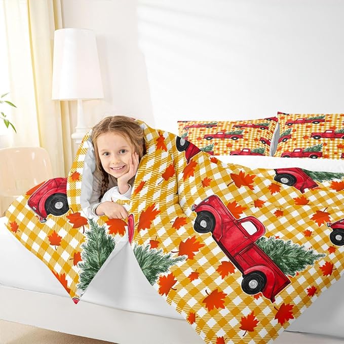 Erosebridal Christmas Comforter Set King, Red Truck Down Comforter, Xmas Tree Maple Leaves Bedding Set, Yellow Lattice Grid Comforters & Sets, Autum Quilt for Kids Teens Bedroom Decor