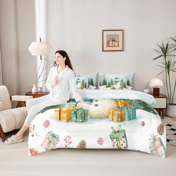 Kawaii Snowman Comforter Set 7 PCS,Cartoon Christmas Trees Gifts Bed Set for Girls Kids,Winter Christmas Theme Bed in a Bag Bedding Set with Comforter,Sheet Set,Pillowcases,Pillow Covers,Queen