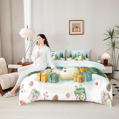 Kawaii Snowman Comforter Set 7 PCS,Cartoon Christmas Trees Gifts Bed Set for Girls Kids,Winter Christmas Theme Bed in a Bag Bedding Set with Comforter,Sheet Set,Pillowcases,Pillow Covers,Queen