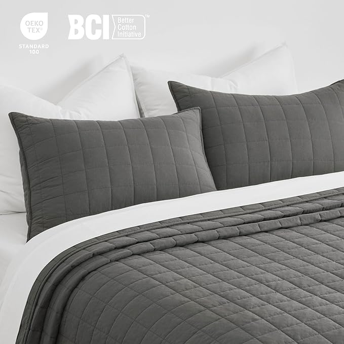 EVERGRACEHOME 100% Cotton Box Stitch Quilt Bedding Set King Size 3 Pieces, Garment-Washed Lightweight Soft Cozy Coverlet, Oversized Quilted Bedspread Sets with 2 Shams for All Season, Dark Gull Gray