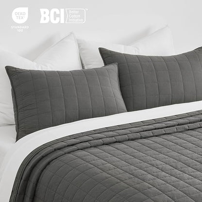 EVERGRACEHOME 100% Cotton Box Stitch Quilt Bedding Set King Size 3 Pieces, Garment-Washed Lightweight Soft Cozy Coverlet, Oversized Quilted Bedspread Sets with 2 Shams for All Season, Dark Gull Gray