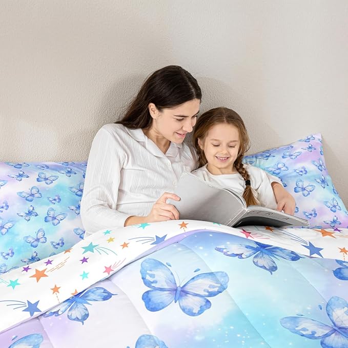 Erosebridal Pink Blue Butterfly Bedding Full,Watercolor 3D Printed Comforter Set Purple Colorful Rainbow Bed Sets Fantasy Dreamy Princess Duvet Insert 3 Pieces