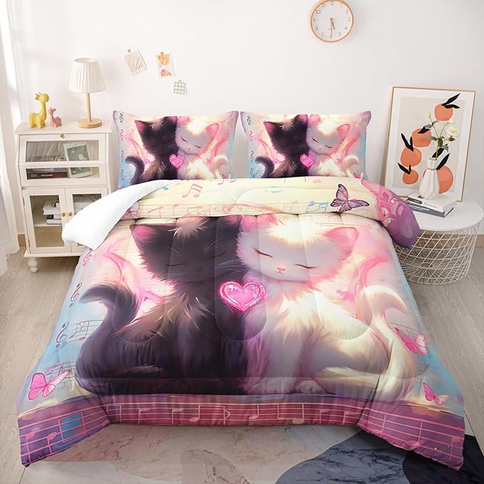 Cute Cat Comforter Set Full Pink Black Cat Bedding Sets 3PCS for Kids Teen Adult Kawaii Room Decor Ultra-Soft Lightweight Microfiber 1 Comforter with 2 Pillowcases