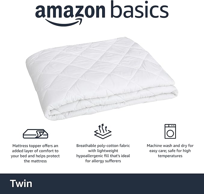 Basics Hypoallergenic Quilted Mattress Topper Pad, 18 Inches Deep, Twin, White