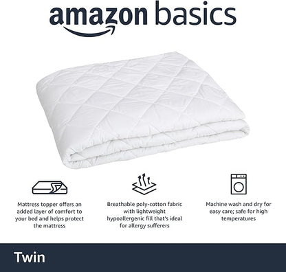Basics Hypoallergenic Quilted Mattress Topper Pad, 18 Inches Deep, Twin, White