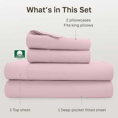 California Design Den King Size Sheets Set - 400 Thread Count Sateen, Natural 100% Cotton Sheets with Deep Pockets, Breathable and Durable Bedding Set - Pink