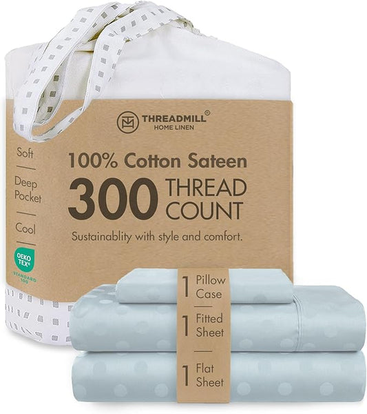 Threadmill Cotton Twin XL Sheet Set | 100% Cotton Sheets for Twin XL Size Bed | Damask Jacquard Sateen Twin XL Bed Sheets Set with 16” Deep Pocket | Soft Breathable 3 pc Cooling Sheet Set | Light Blue
