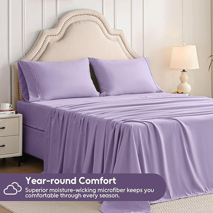 King Size Sheets Set, 4 Pieces Hotel Luxury Soft Microfiber Bed Sheets Set, Up to 16" Deep Pockets, Oeko-Tex Sheets with Elastic, Breathable, Wrinkle Free (Purple, King)