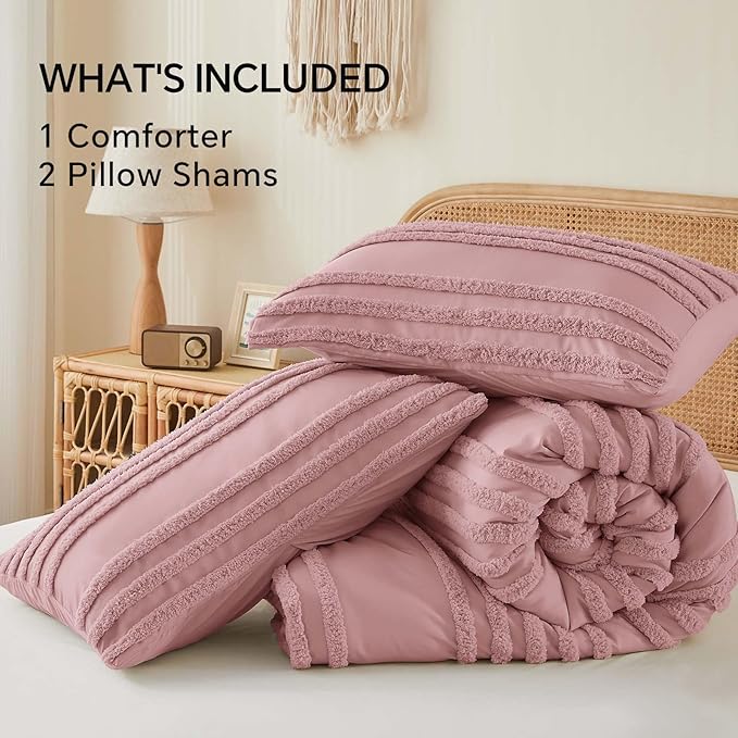 BEDELITE Boho King Size Comforter Set - Dusty Pink Tufted Striped Bed Set 3 Pieces, Soft Vintage Farmhouse Comforter for All Seasons, Boho Home Decor,Fluffy Jacquard Bedding with Pillow Sham