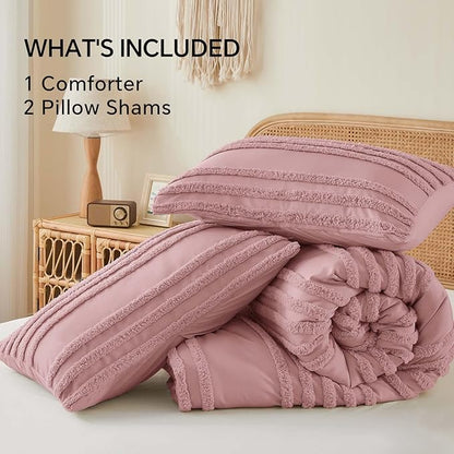 BEDELITE Boho Comforter Set Queen Size, Dusty Pink Tufted Striped Bed Set 3 Pieces, Soft Vintage Farmhouse Comforter for All Seasons, Boho Home Decor,Fluffy Jacquard Bedding with 2 Pillow Shams