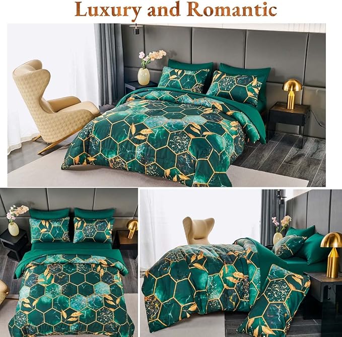 ANGIYUIN 3D Marble Honeycomb King Size Comforter Set, 7Pcs Emerald Green Geometric Hexagon Bed in A Bag, Modern Foil Print Comforter Bedding Sets with Sheets Pillowcases (Green King)