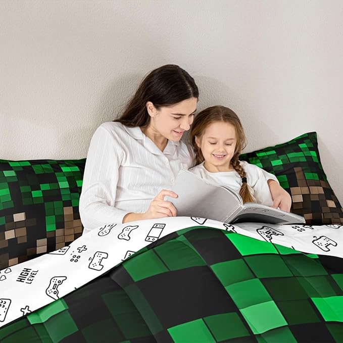 Manfei Miners Pixel Checked Girls Bedding Set Twin Size,Video Games Check Lattice Comforter Set,Game Cartoon Gamepad Quilt Comforter Girls Boys Teens,Green Brown Room Decor All Season,1 Pillowcase
