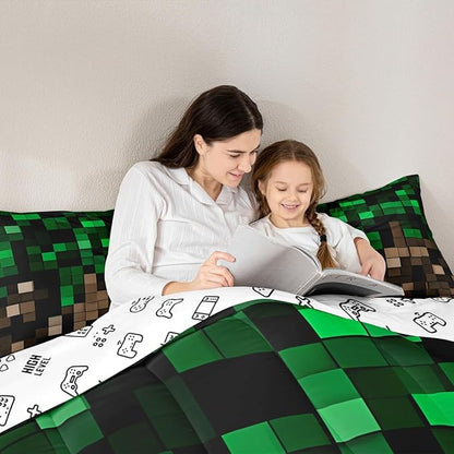 Miners Pixel Checked Kids Bedding Set King Size,Video Games Check Lattice Comforter Set,Game Cartoon Gamepad Quilt Comforter,Green Brown Bedroom Duvet Insert,2 Pillowcases