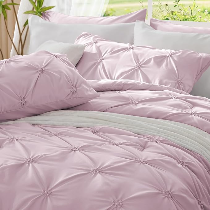 BEDELITE Light Purple Queen Comforter Set - 3 Pieces Boho Pintuck Bedding Comforter Sets, Lightweight Soft & Warm Bed Comforter Queen with 2 Pillowcases for All Season