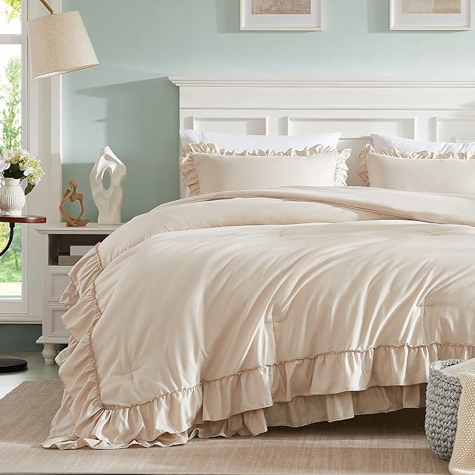 Cupocupa Beige Comforter Set – Twin XL Ruffle Farmhouse Bedding Set – Shabby Chic Fluffy Comforter for All Seasons – Includes Comforter & 1 Pillow Sham (Beige, Twin XL/Twin)