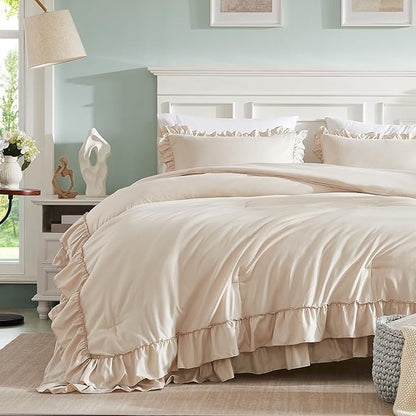 Cupocupa Pink Ruffle King Size Comforter Set, Shabby Chic Boho Bedding Comforter Sets, Fluffy Cozy Bedding Comforters & Sets for All Season, 3PCS Lightweight Farmhouse Rustic Bedding Sets, Beige