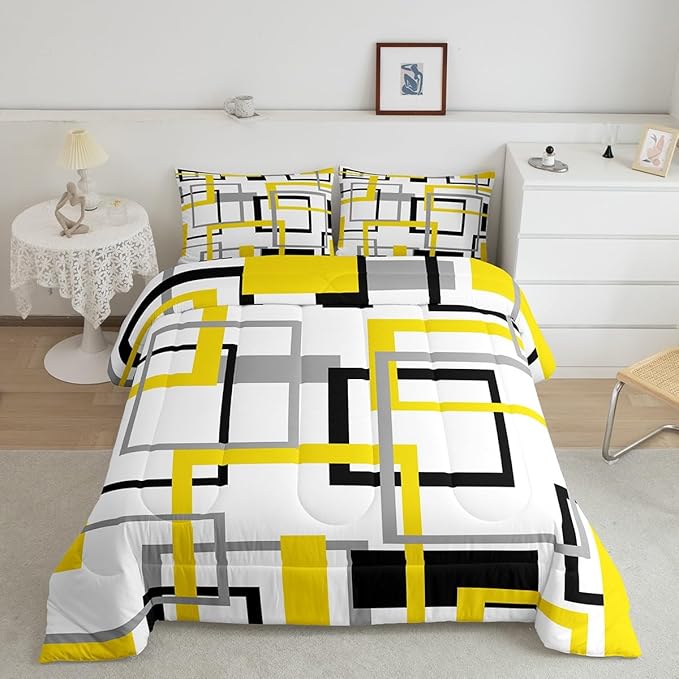 Grey Golden Black White Comforter Set,Colorful Geometric Square Bedding Set for Kids Boys Girls Bedroom Decor,Grid Plaid Stripes Quilted Duvet Twin,Modern Simple Style Graphic Down Comforter