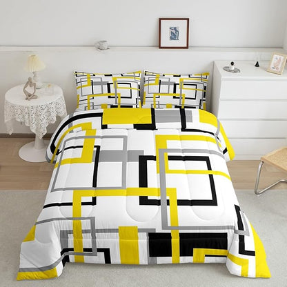 Grey Golden Black White Comforter Set,Colorful Geometric Square Bedding Set for Kids Boys Girls Bedroom Decor,Grid Plaid Stripes Quilted Duvet Queen,Modern Simple Style Graphic Down Comforter