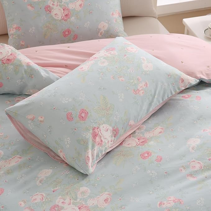 Zusbest 100% Cotton Blue Floral Pillowcases Standard Size Set of 2, 19''×29'', Queen Size Pink Rose Flower Printed Reversible Pillow Covers Soft Envelope Queen Pillowcase Protectors