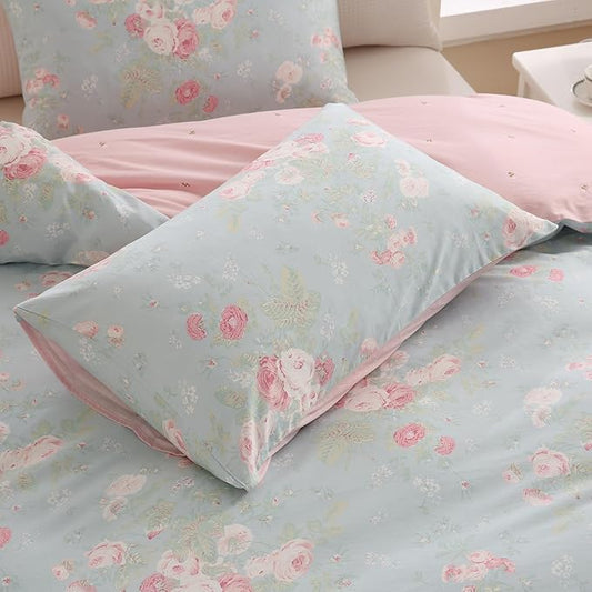 Zusbest 100% Cotton Blue Floral Pillowcases Standard Size Set of 2, 19''×29'', Queen Size Pink Rose Flower Printed Reversible Pillow Covers Soft Envelope Queen Pillowcase Protectors