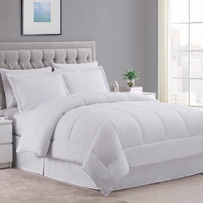 Sweet Home Collection 8 Piece Comforter Set Bag with Dobby Stripe Design, Bed Fitted, 1 Flat Sheet, 2 Pillowcases, 2 Shams, King White (Pack of 3)