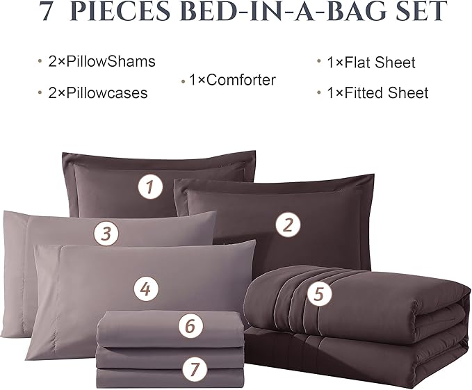 Monbix Queen Comforter Set - 7 Pieces ltalian Plum Bed in a Bag Queen Bedding Sets with Comforters, All Seasons Comforter Bed Set with Sheets, Pillowcases & Shams