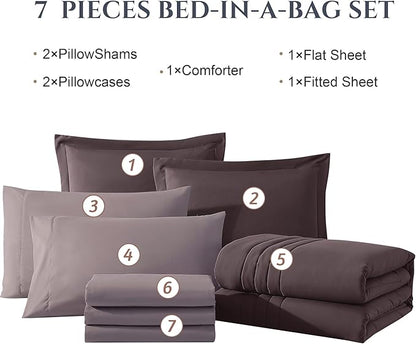 Monbix King Size Comforter Set - 7 Pieces Bed in a Bag King, ltalian Plum Bedding Sets with Comforter, All Seasons Comforter Bed Set with Sheets, Pillowcases & Shams