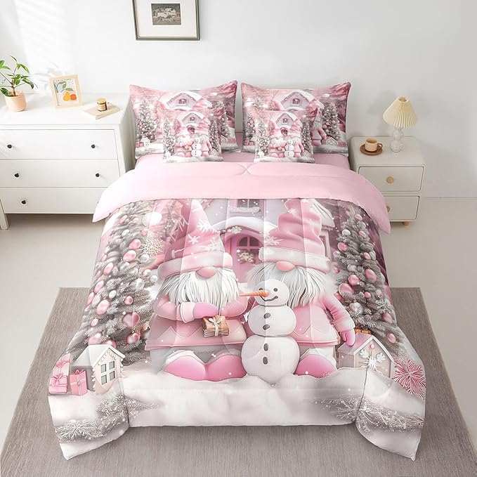 Christmas Farmhouse Full Comforter Set with Sheets Bed in a Bag 7 Pcs,Romantic Christmas Trees Bed Set,Winter Cute Snowman Bedding Sets with Comforter,Flat,Fitted Sheet,Pillowcases,Pillow Covers