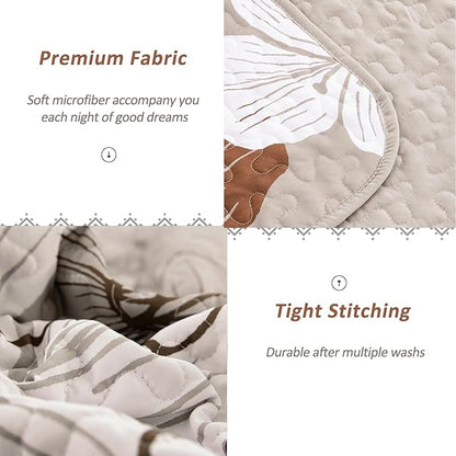 DJY 3-Piece Quilt Set - California King Taupe Boho Floral Pattern Quilt Coverlet Set with 2 Pillow Shams - Lightweight Bedding for Adults (Taupe, 106"x96")