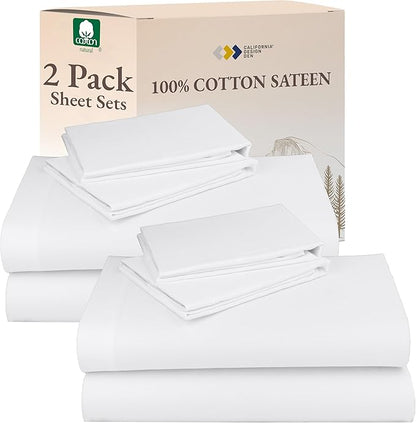 California Design Den 100% Cotton 2-Pack Sateen Sheets for Queen Size Bed Set - Soft & Durable Sateen, Queen Sheet Set with Deep Pockets (White)