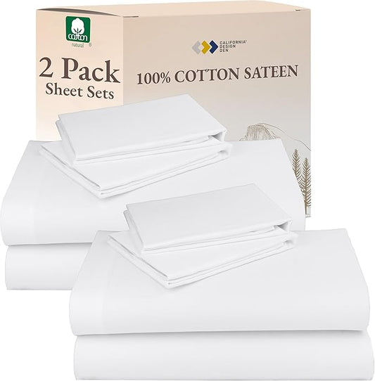 California Design Den 100% Cotton 2-Pack Sateen Sheets for Queen Size Bed Set - Soft & Durable Sateen, Queen Sheet Set with Deep Pockets (White)