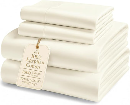100% Egyptian Cotton King Size Sheets Set – Luxury 1000 Thread Count Ultra Soft & Durable Christmas Sheets King Size, Silky Sateen Weave, Snug Fit 15" Deep Pocket, Hotel Comfort at Home - Ivory
