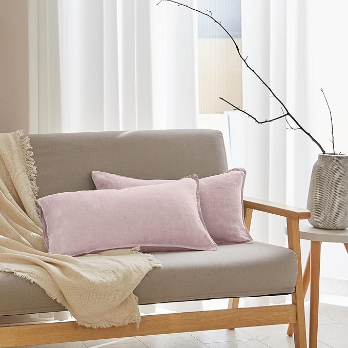 Simple&Opulence 100% Linen Lumbar Pillow Cover 12 x 20 Inches Set of 2 Rectangular Decorative Throw Cushion Cover for Couch Sofa Bed Living Room Office Soft Breathable Farmhouse - Blush Pink