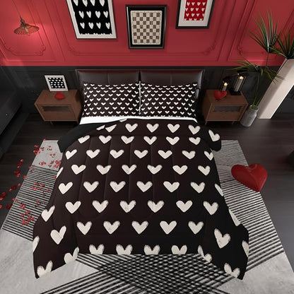 Black and White Full Size Comforter Sets for Girls Cute Heart Pattern Bedding for Teens Valentine Day Gift Cartoon Love Geometric Duvet Insert Love Heart Down Comforter Cute Bedding Quilt 3Pcs