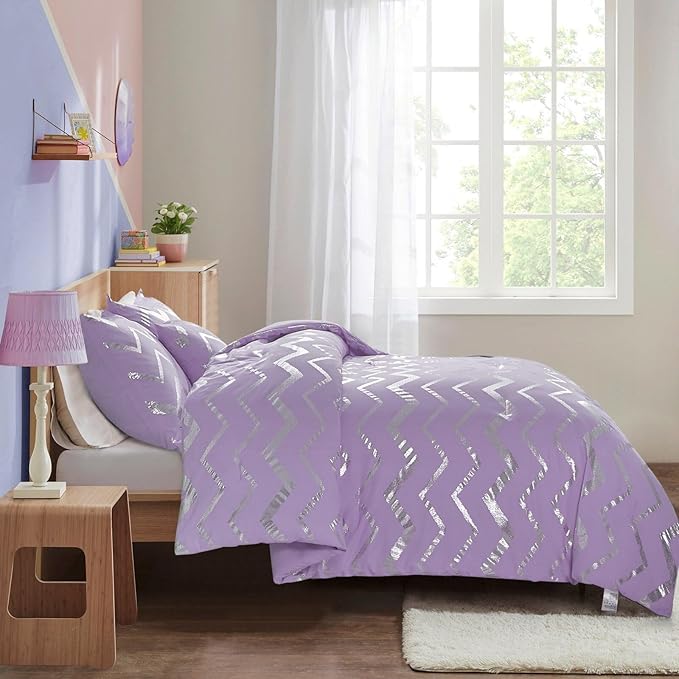 Menghomeus Purple/Silver Comforter Set Full Metallic Print Glitter Bed Comforter Cute Shinny Bedding for Teen Girls Kids Women, 4 Piece (2 Pillowcases, 1 Decorative Pillow Sham)