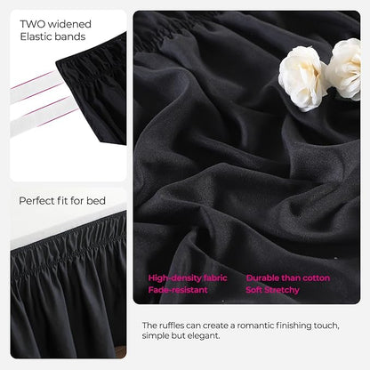 RIMELA Bed Skirt Wrap Around Elastic Dust Ruffles Solid Color Wrinkle and Fade Resistant with Adjustable Elastic Belt Easy to Install Black for Queen Size 18 Inch Drop