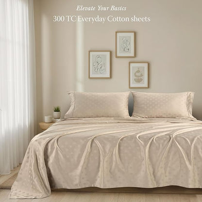 Threadmill Cotton Queen Sheet Set | 100% Cotton Sheets for Queen Size Bed | Damask Jacquard Queen Bed Sheets Set with 16” Deep Pocket | Soft Sateen Weave 4-Piece Cooling Bedding Set | Beige