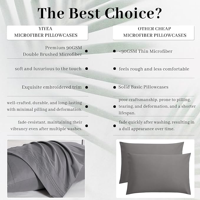 YIYEA Pillow Cases Standard Size Set of 4, Ultra Soft 1800TC Hotel Quality Double Brushed Microfiber Embroidered Pillowcases, Envelope Closure, Fade Resistant (20"x26", Medium Grey)