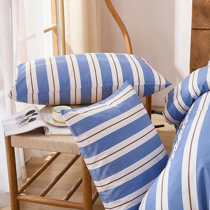 Merryword Blue and White Striped Duvet Cover Set King Size 100% Cotton Bedding Set with Modern Coastal Style Soft Breathable Linen Like Bedding Set 3 Pieces