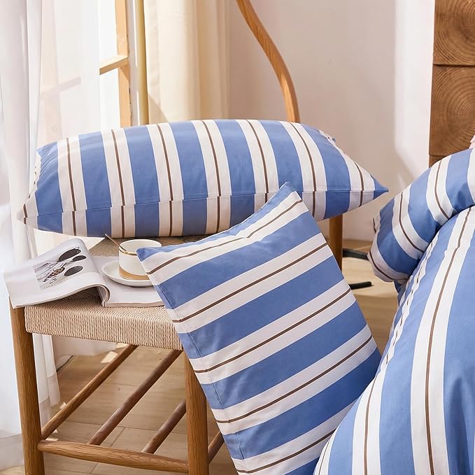 Merryword Blue and White Striped Duvet Cover Set Queen Size 100% Cotton Bedding Set with Modern Coastal Style Soft Breathable Linen Like Bedding Set 3 Pieces
