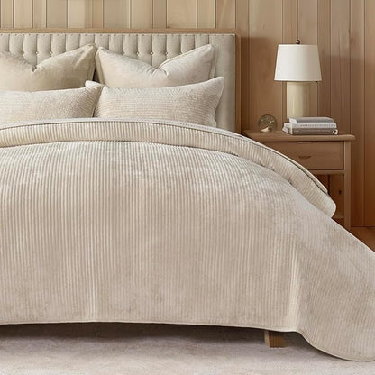 EVERGRACE Velvet Quilt Set King Size, Luxurious Soft Quilted Bedding Sets, Lightweight Velvet Comforter for All Season, Striped Channel Bedspread Coverlet with 2 Shams, 104" x 92", Light Sand