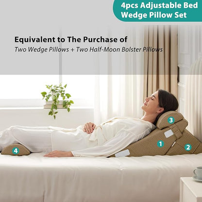Adjustable 4pcs Bed Wedge Pillow Set, Memory Foam Wedges Pillow Post Surgery for Back, Neck, Leg Pain Relief, Pillows Wedge for Sleeping, Sitting up in Bed, Acid Reflux and GERD, Brown